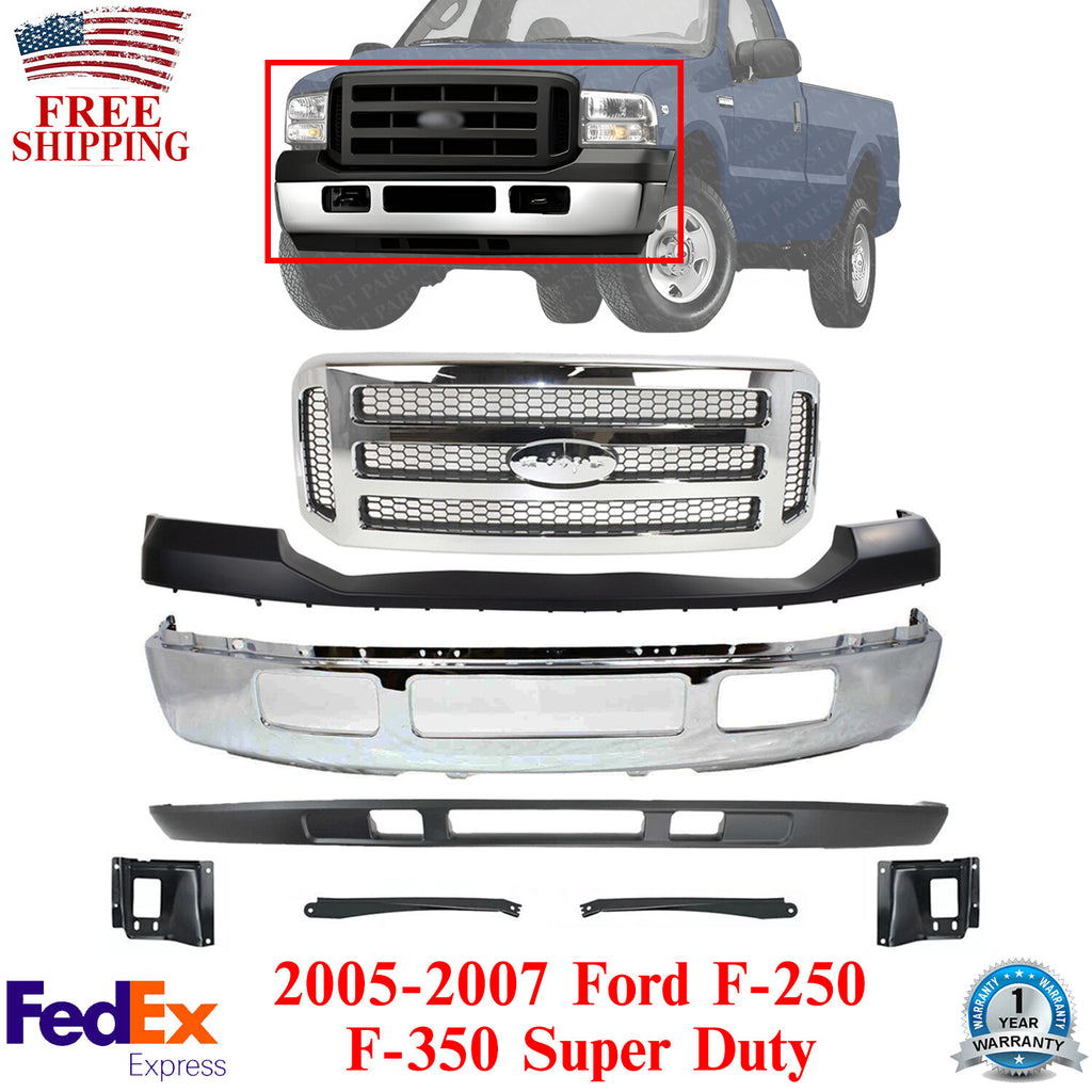 Front Bumper Kit + Grille + Brackets For 2005-2007 Ford F-250 F-350 Super Duty
