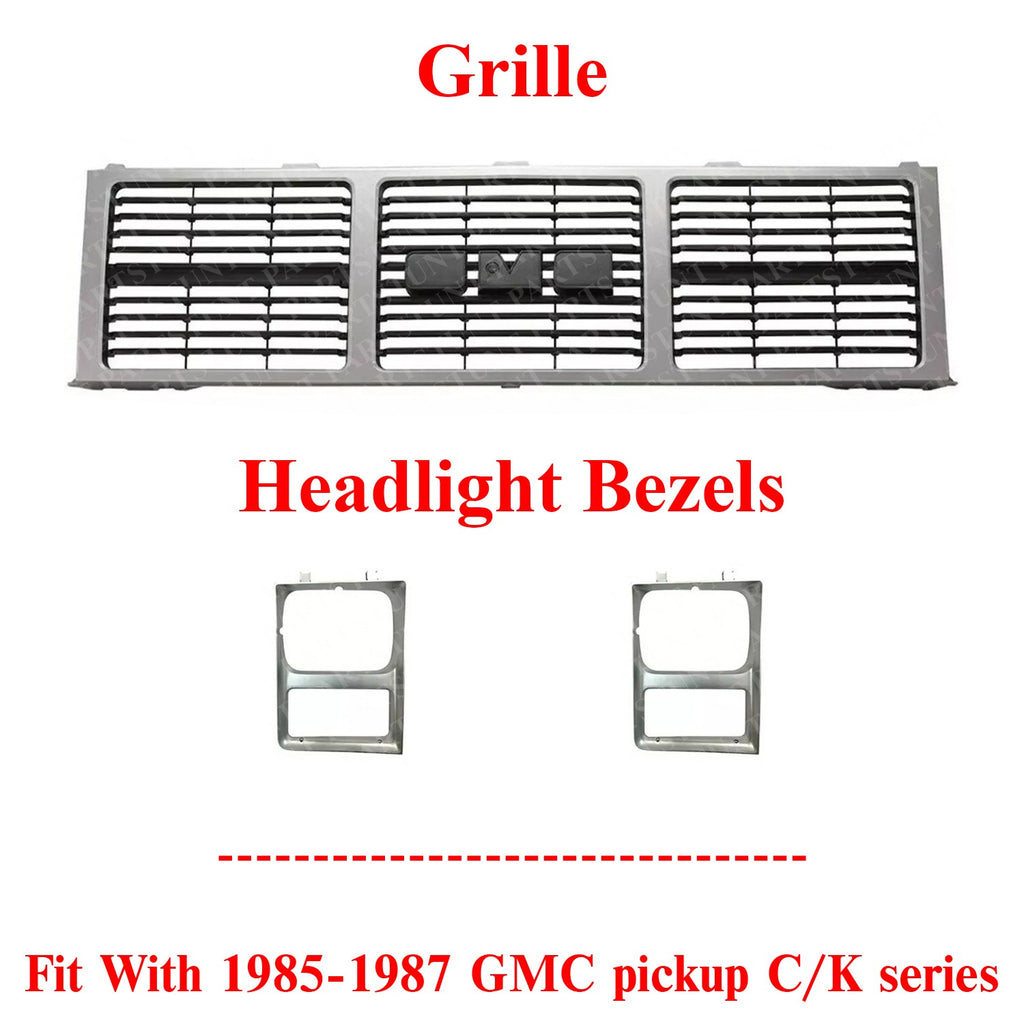 Grille Silver + Headlight Bezels For 1985-1988 GMC C/K Series Pickup Suburban