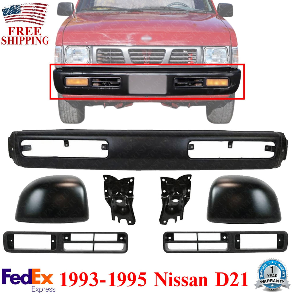 Front Bumper w/Brackets + Ends + Foglight Bezels For 1993-1995 Nissan D21/Pickup