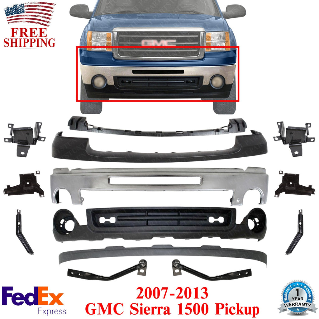 Front Bumper Chrome Steel Kit w/ Brackets For 2007-2013 GMC Sierra 1500 Pickup