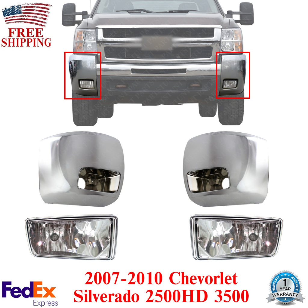 Bumper Chrome End Caps + Fog Lights For 2007-2010 Chevy Silverado 2500HD 3500