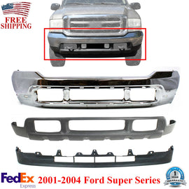 Front Bumper Chrome Steel + Upper & Lower Valance For 2001-2004 Ford Super Duty