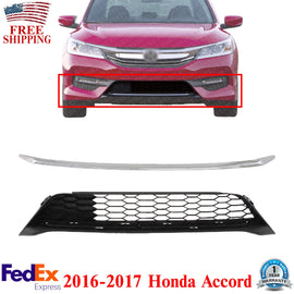 Front Bumper Grille + Lower Molding Chrome For 2016-2017 Honda Accord