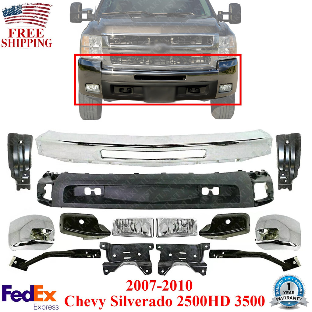 Front Bumper Chrome Kit With Brackets For 2007-2010 Chevy Silverado 2500HD 3500