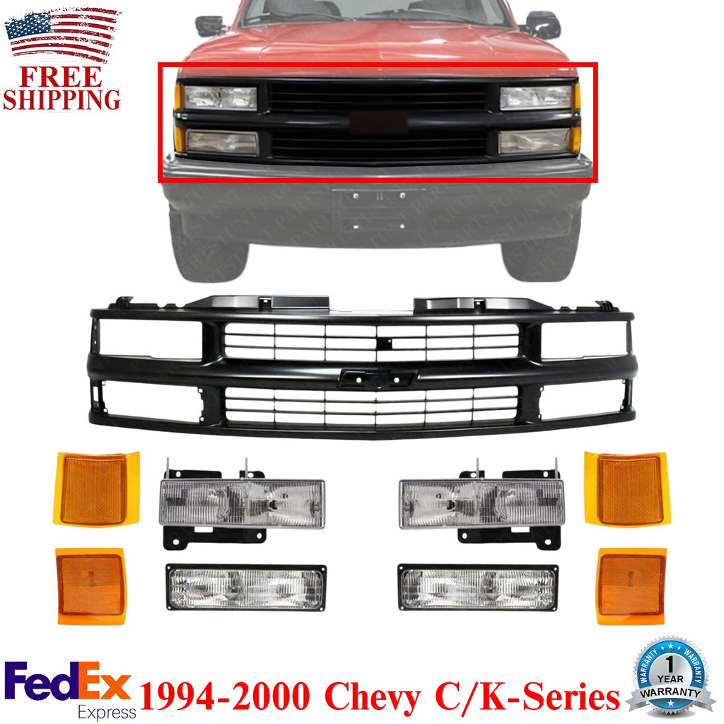 Front Grille + Headlights + Side Marker Lights For 1994-2000 Chevy C/K-Series