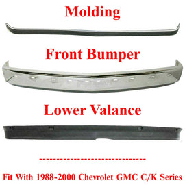 Front Bumper Chrome + Molding + Lower Valance For 88-00 Chevrolet-GMC C/K Series