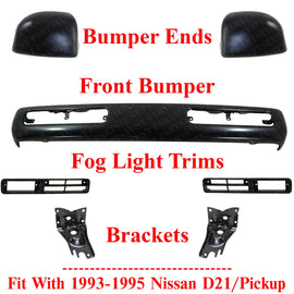 Front Bumper w/Brackets + Ends + Foglight Bezels For 1993-1995 Nissan D21/Pickup