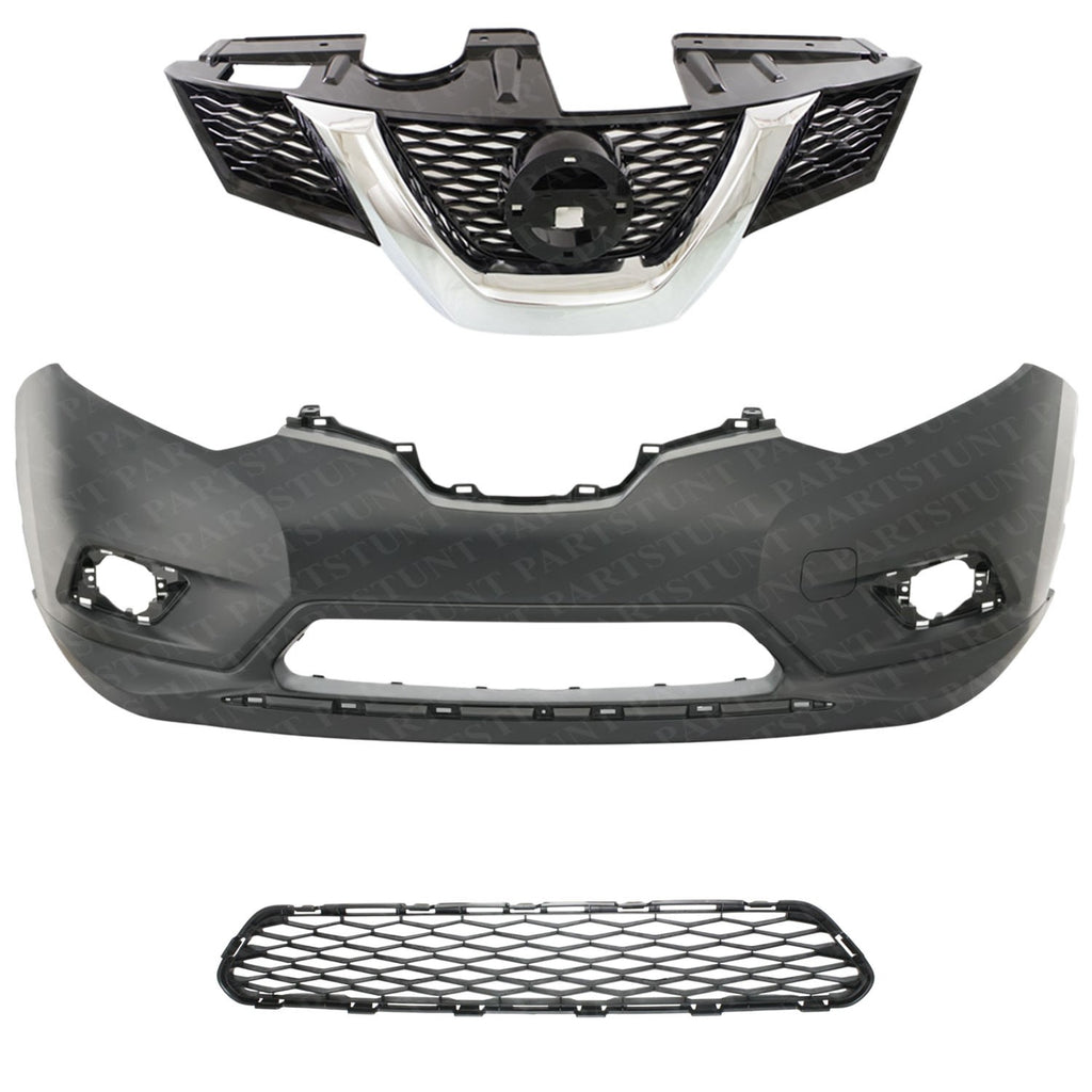 Front Bumper Cover Primed + Grille Assembly Kit For 2014-2016 Nissan Rogue
