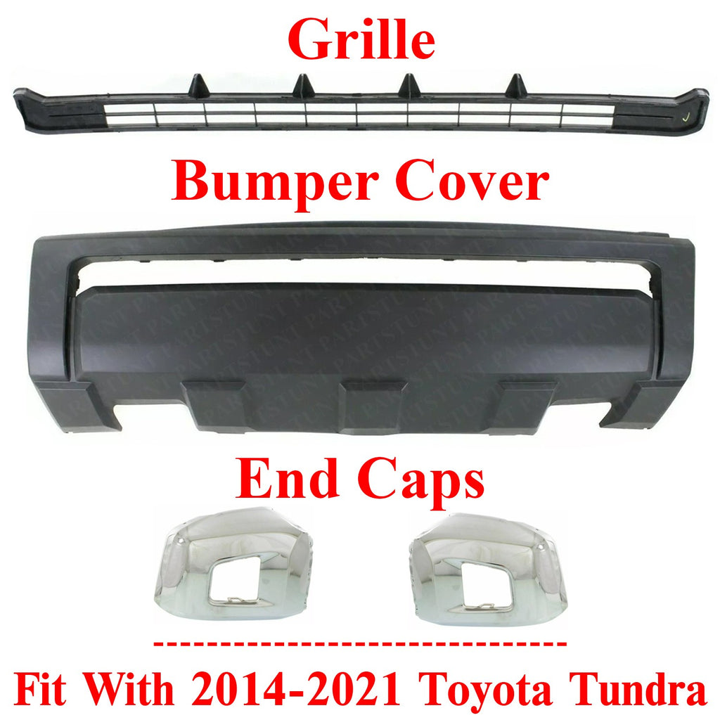 Front Bumper Cover & Grille Textured + End Caps Chrome For 2014-21 Toyota Tundra