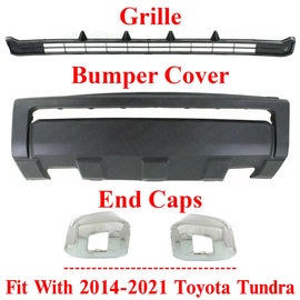 Front Bumper Cover & Grille Textured + End Caps Chrome For 2014-21 Toyota Tundra