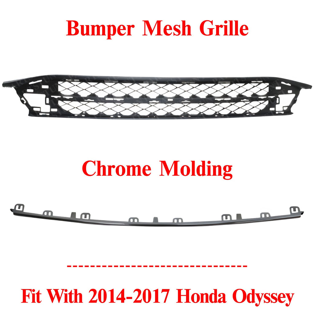 New Front Bumper Mesh Grille + Center Chrome Molding For 2014-2017 Honda Odyssey