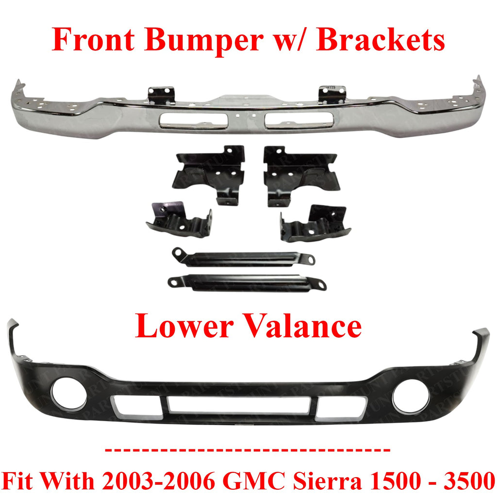Front Bumper Chrome With Brackets + Valance For 2003-2006 GMC Sierra 1500 - 3500