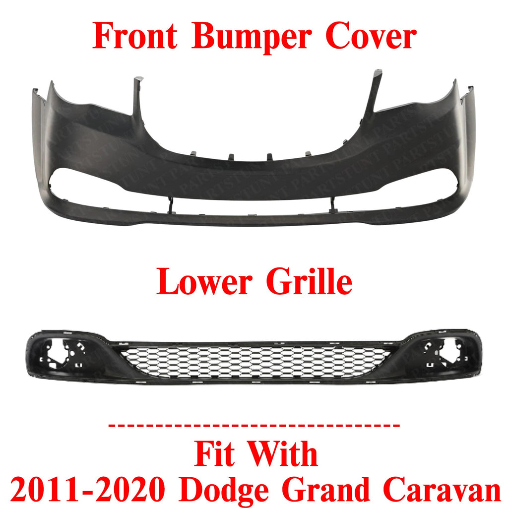 Front Bumper Cover Primed + Lower Grille For 2011-2019 Dodge Grand Caravan
