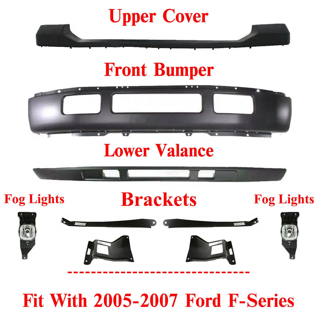 Front Bumper Kit + Bumper Brackets + Fog Lights For 2005-2007 Ford F-Series