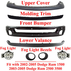 Front Bumper Primed Kit + Fog Lights For 2002-2005 Ram 1500 / 2003-05 2500 3500