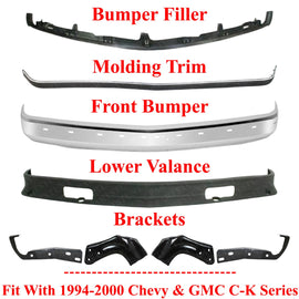 Front Bumper Chrome Kits + Molding + Brackets For 1994-00 Chevy & GMC C-K Series