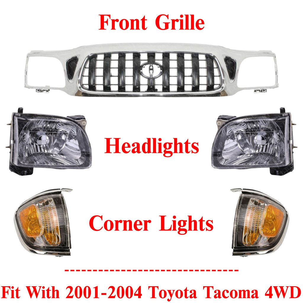 Front Chrome Grille & Headlights Kit For 2001-2004 Toyota Tacoma 4WD