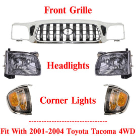Front Chrome Grille & Headlights Kit For 2001-2004 Toyota Tacoma 4WD