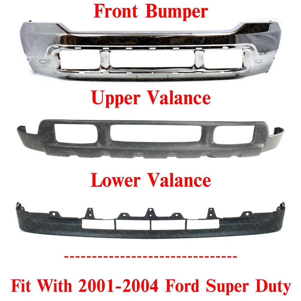 Front Bumper Chrome Steel + Upper & Lower Valance For 2001-2004 Ford Super Duty