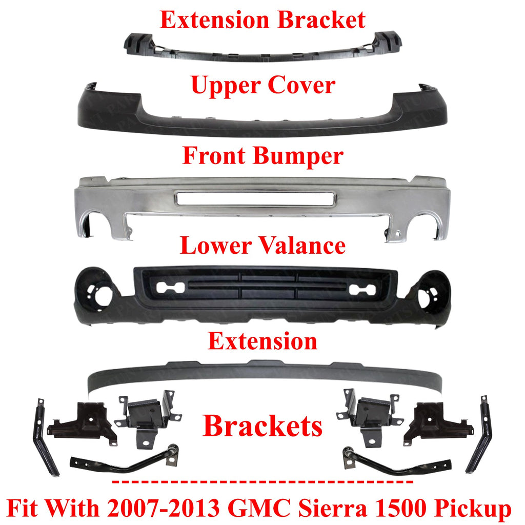 Front Bumper Chrome Steel Kit w/ Brackets For 2007-2013 GMC Sierra 1500 Pickup