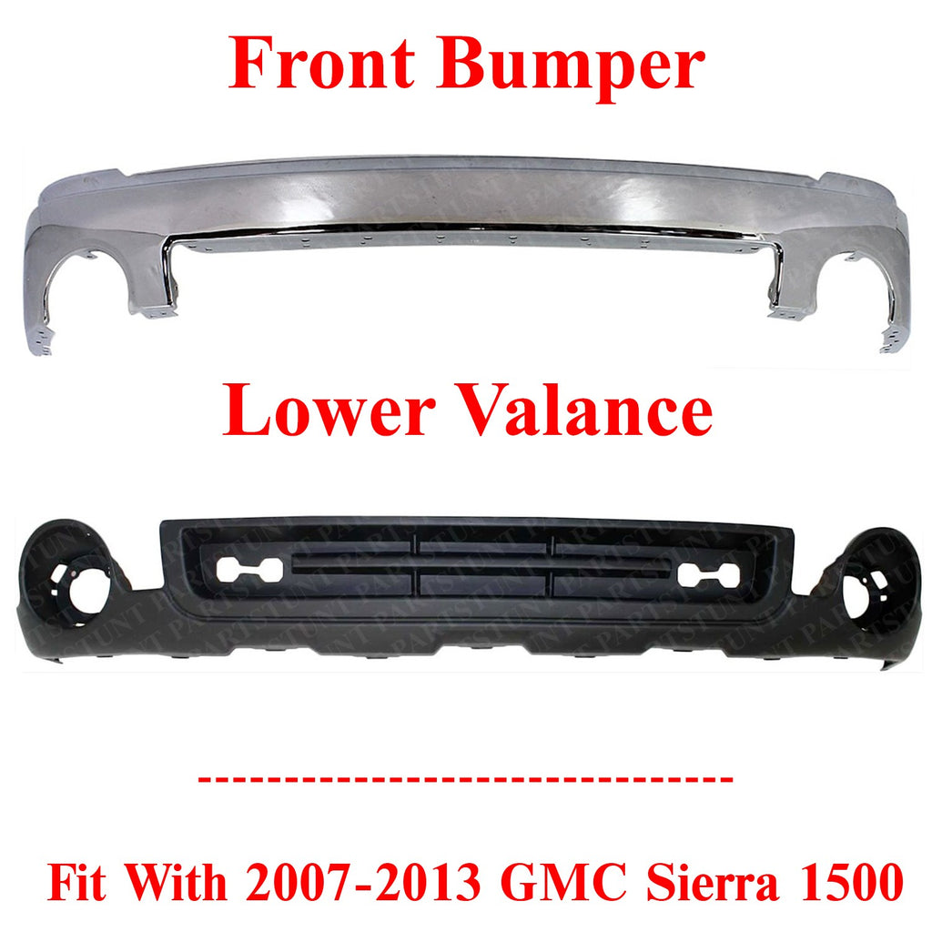Front Bumper Chrome Steel Face Bar + Lower Valance For 2007-2013 GMC Sierra 1500