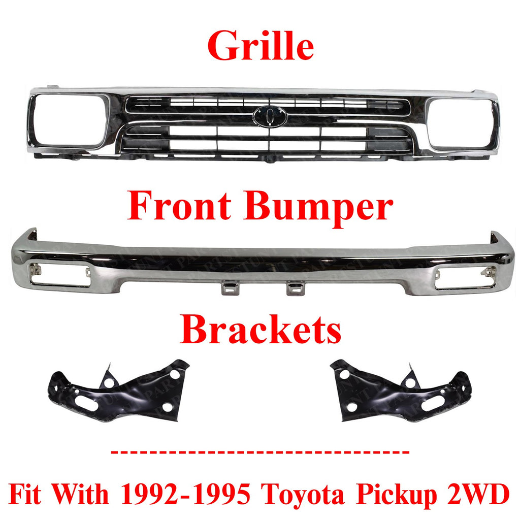 Front Bumper Chrome w/ Brackets and Grille For 1992-1995 Toyota Pickup 2WD