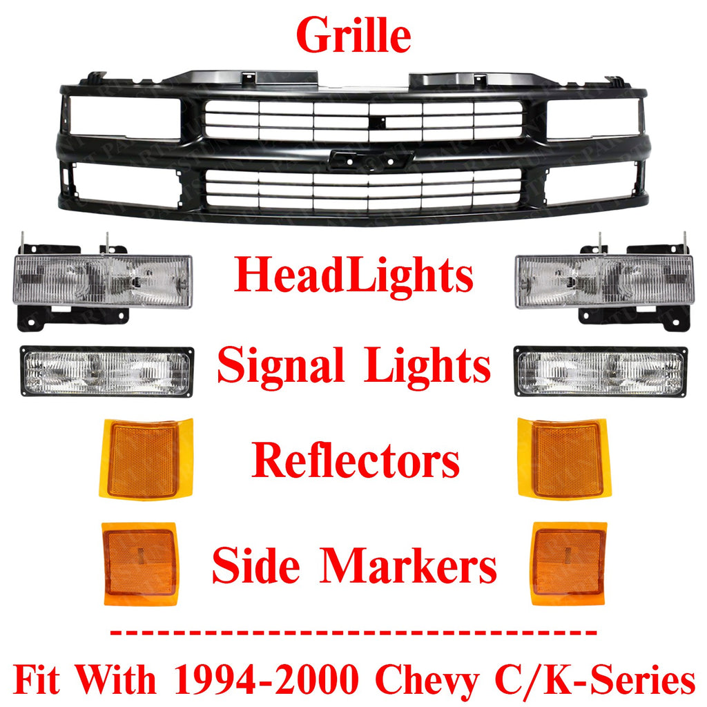 Front Grille + Headlights + Side Marker Lights For 1994-2000 Chevy C/K-Series