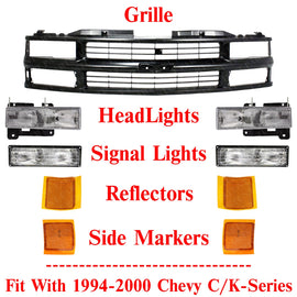 Front Grille + Headlights + Side Marker Lights For 1994-2000 Chevy C/K-Series
