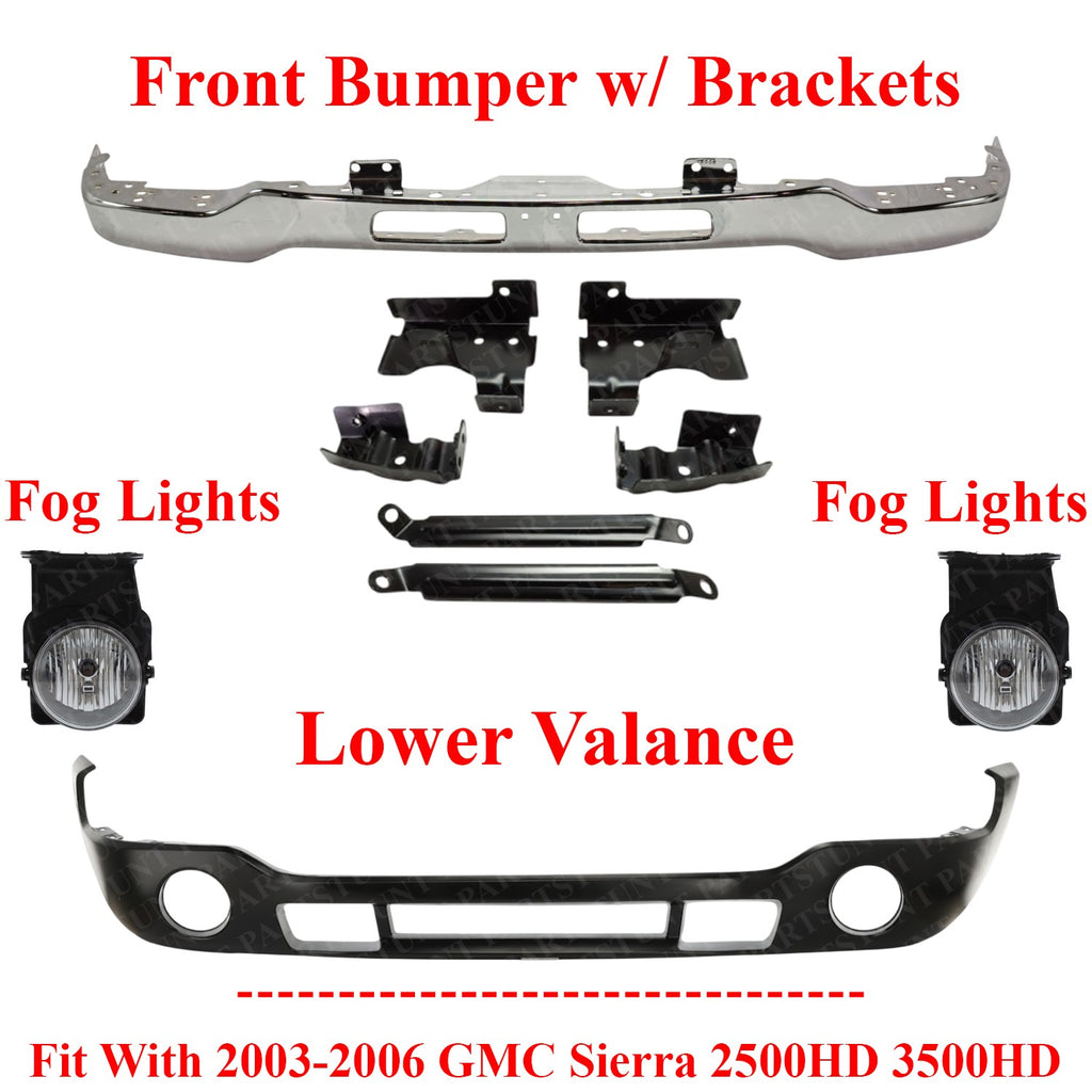 Front Bumper + Brackets + Valance + Fog Lights For 2003-2006 GMC Sierra 2500HD 3500