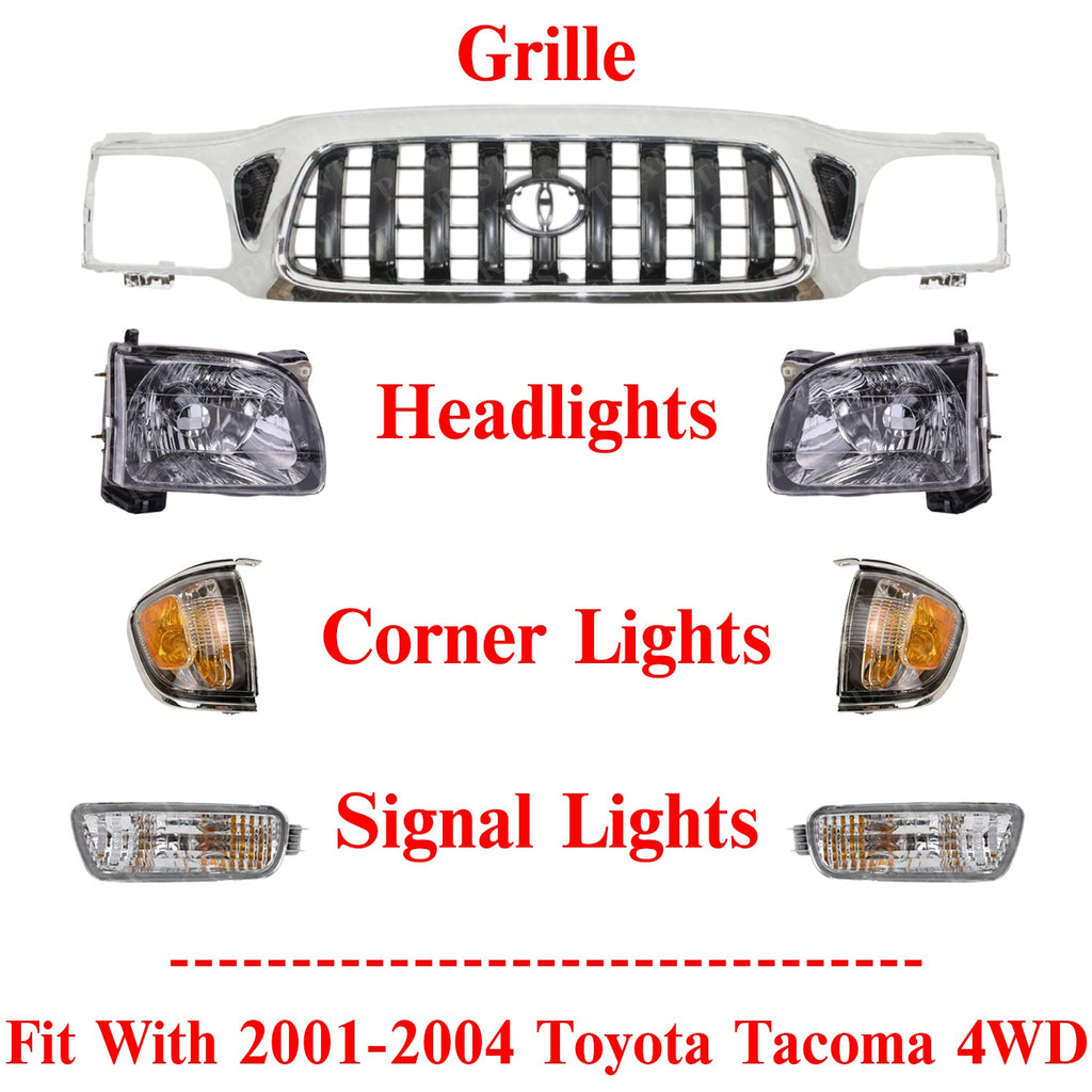 Front Chrome Grille + Headlights + Signal Lights For 2001-2004 Toyota Tacoma 4WD