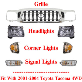 Front Chrome Grille + Headlights + Signal Lights For 2001-2004 Toyota Tacoma 4WD