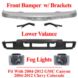 Front Bumper Chrome + Valance + Fog Lamps For 04-12 GMC Canyon / Chevy Colorado