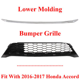 Front Bumper Grille + Lower Molding Chrome For 2016-2017 Honda Accord
