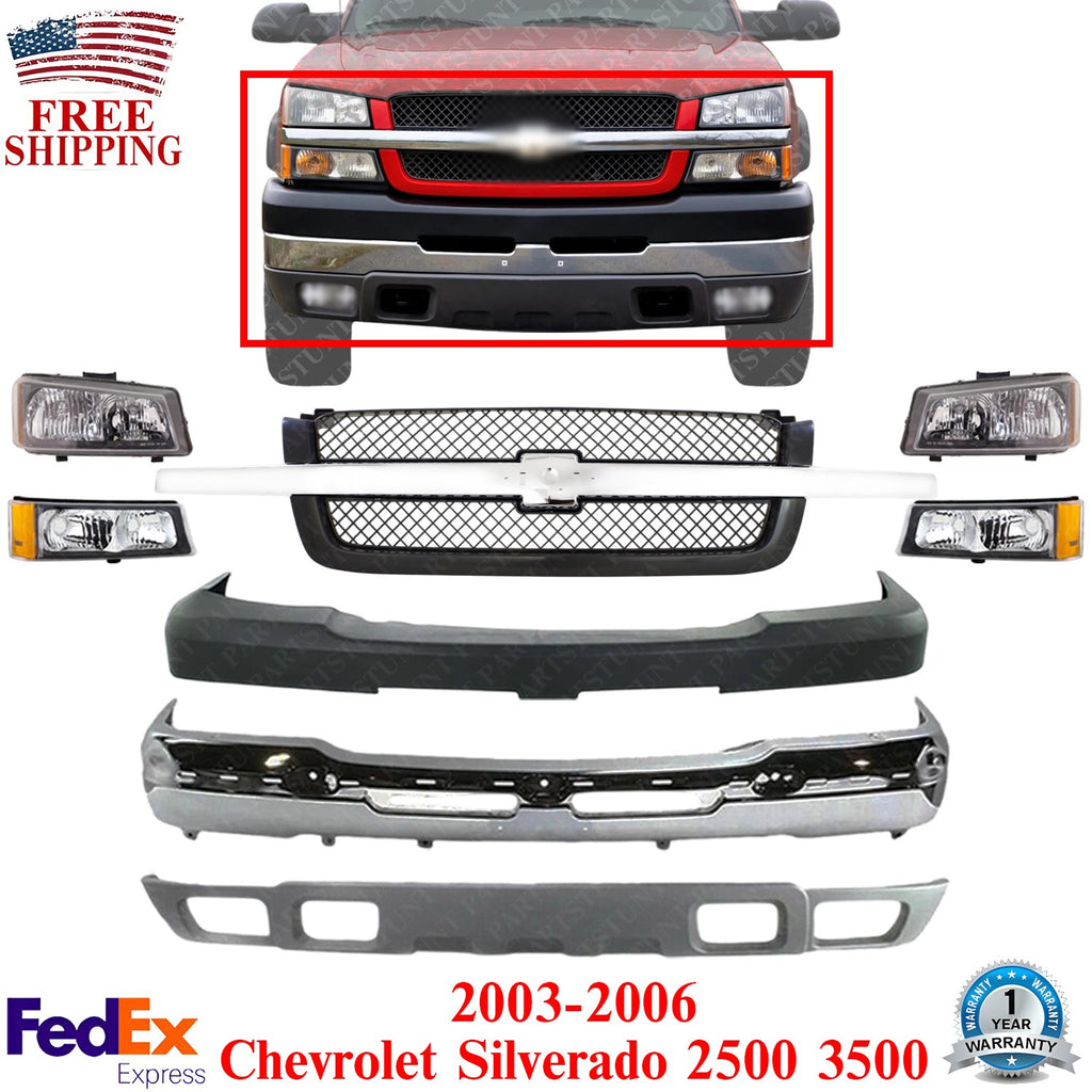 Front Chrome Bumper + Grille + Headlights For 2003-2006 Chevy Silverado 2500HD