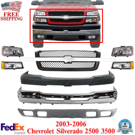 Front Chrome Bumper + Grille + Headlights For 2003-2006 Chevy Silverado 2500HD