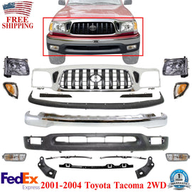 Front Chrome Bumper + Grille + Headlights Kit For 2001-2004 Toyota Tacoma 2WD