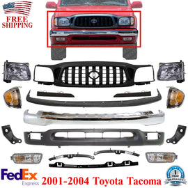 Front Bumper Chrome + Grille + Headlights Kit For 2001-2004 Toyota Tacoma 2WD