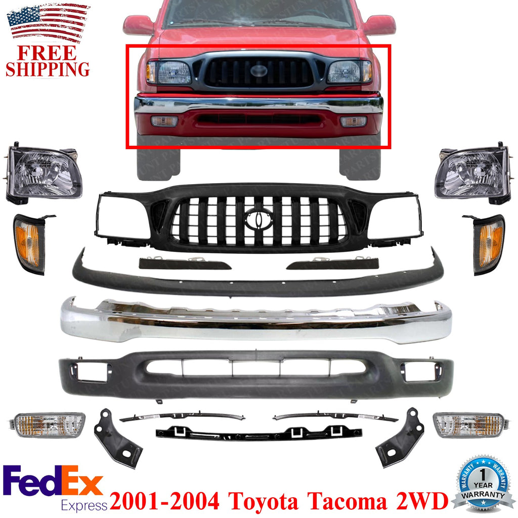 Front Chrome Bumper + Grille + Head Lights Kit For Toyota Tacoma 2WD 2001-2004