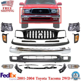 Front Chrome Bumper + Grille + Head Lights Kit For Toyota Tacoma 2WD 2001-2004