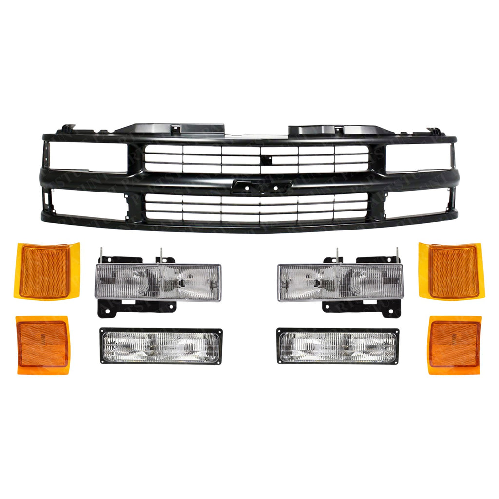Front Grille + Headlights + Side Marker Lights For 1994-2000 Chevy C/K-Series