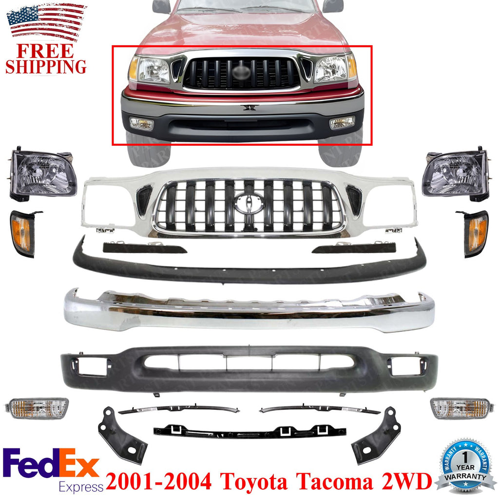 Front Chrome Bumper + Grille + Head Lights Kit For 2001-2004 Toyota Tacoma 2WD