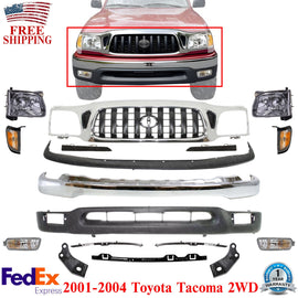 Front Chrome Bumper + Grille + Head Lights Kit For 2001-2004 Toyota Tacoma 2WD