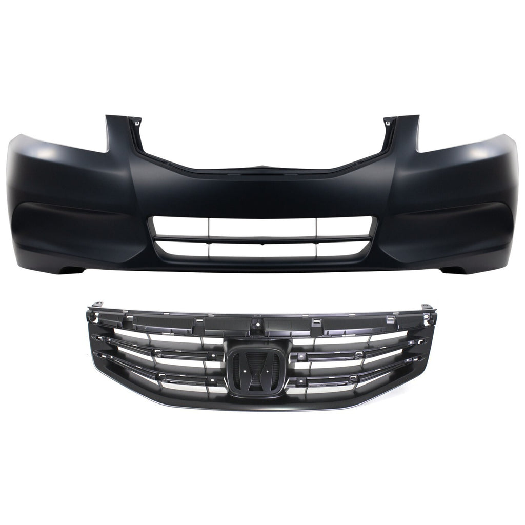 Front Bumper Primed + Grille Textured Black For 2011-2012 Honda Accord Sedan