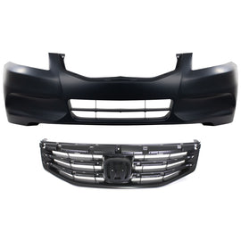 Front Bumper Primed + Grille Textured Black For 2011-2012 Honda Accord Sedan