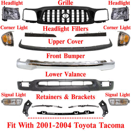 Front Bumper Chrome + Grille + Headlights Kit For 2001-2004 Toyota Tacoma 2WD
