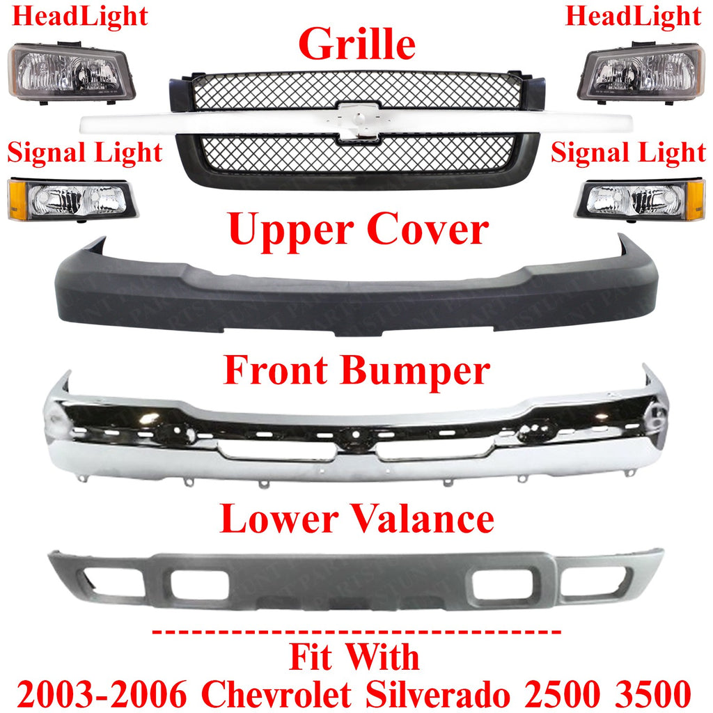 Front Chrome Bumper + Grille + Headlights For 2003-2006 Chevy Silverado 2500HD