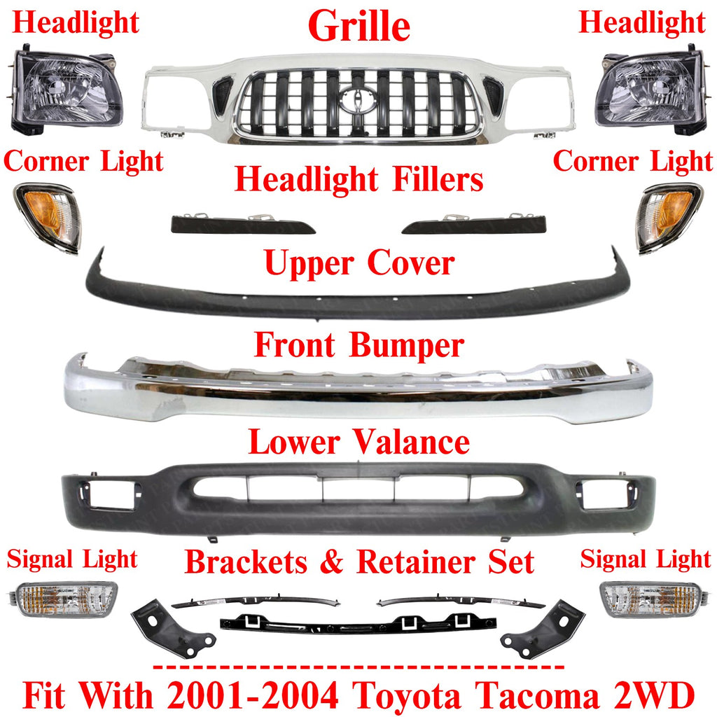 Front Chrome Bumper + Grille + Headlights Kit For 2001-2004 Toyota Tacoma 2WD