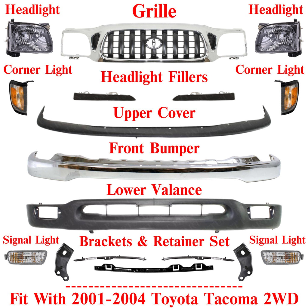 Front Chrome Bumper + Grille + Head Lights Kit For 2001-2004 Toyota Tacoma 2WD