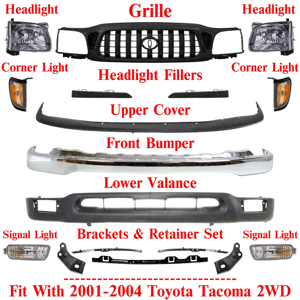 Front Chrome Bumper + Grille + Head Lights Kit For Toyota Tacoma 2WD 2001-2004