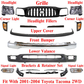 Front Chrome Bumper + Grille + Head Lights Kit For Toyota Tacoma 2WD 2001-2004